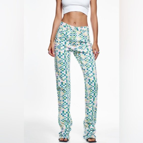 ZARA CHECK PRINT HIGH RISE STRAIGHT FIT JEANS - Picture 4 of 14